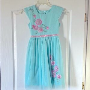 Aqua Dress with Pink Floral Embroidery for formal occasions flower girl